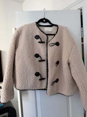 OAK + FORT Cream Teddy Toggle Jacket with Black Trim